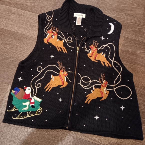VTG Bechamel Ugly Sweater Vest Christmas Holiday Santa Sleigh & Reindeer Size M - Picture 2 of 5